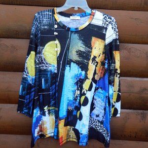 Jess & Jane S Tunic Top Abstract w/ Buttons Polyester/Spandex Made in USA